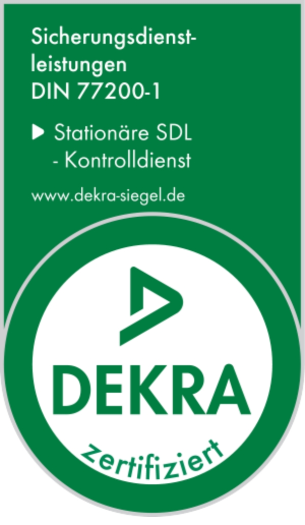 DEKRA-Siegel DIN 77200-1 – Stationäre SDL / Kontrolldienst DEKRA-Siegel: DDK Detektei GmbH zertifiziert nach DIN 77200-1 für stationäre Sicherungsdienstleistungen und Kontrolldienst
