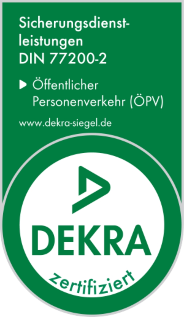 DEKRA-Siegel DIN 77200-2 – Öffentlicher Personenverkehr (ÖPV) DEKRA-Siegel: DDK Detektei GmbH zertifiziert nach DIN 77200-2 für Sicherungsdienstleistungen im öffentlichen Personenverkehr (ÖPV)